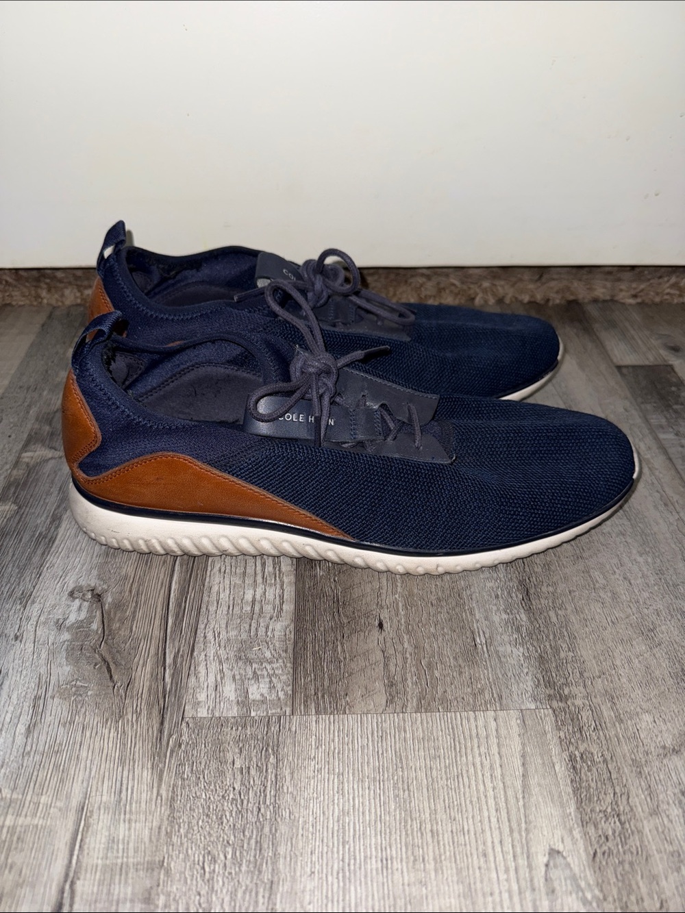 Cole Haan Navy Knit Sneakers with Brown Heel Panel